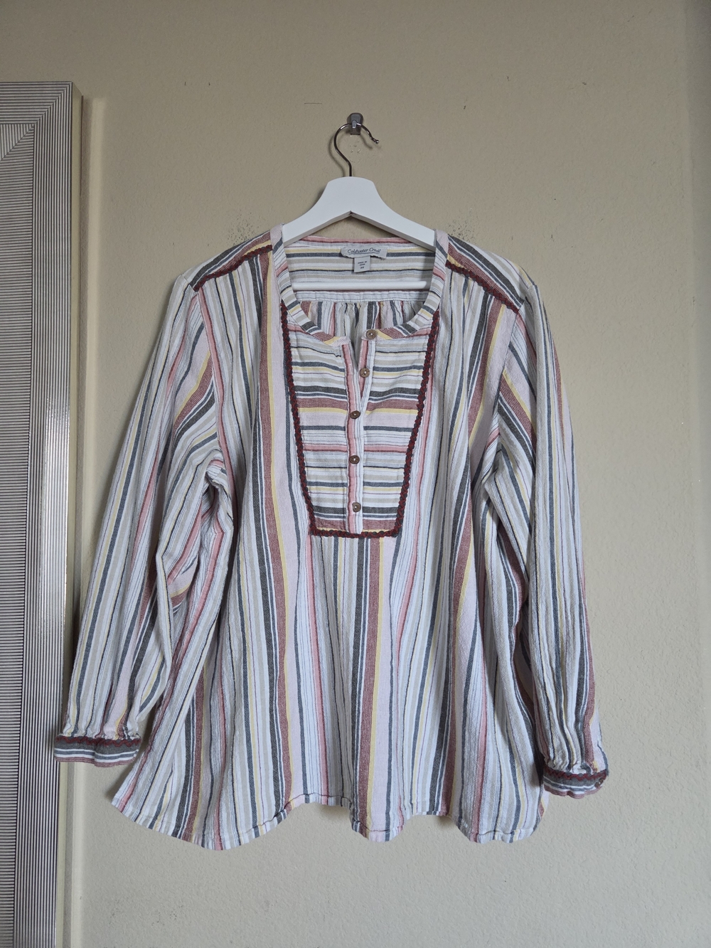 Embroidered Striped Linen Cotton Long-Sleeve Popover Top